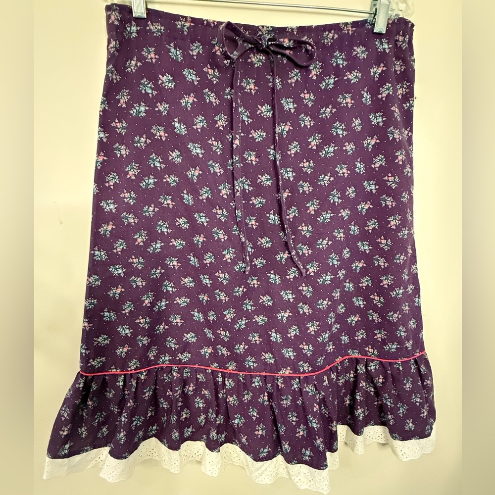 You Babes purple floral white lace trim A-Line midi skirt SZ M/L